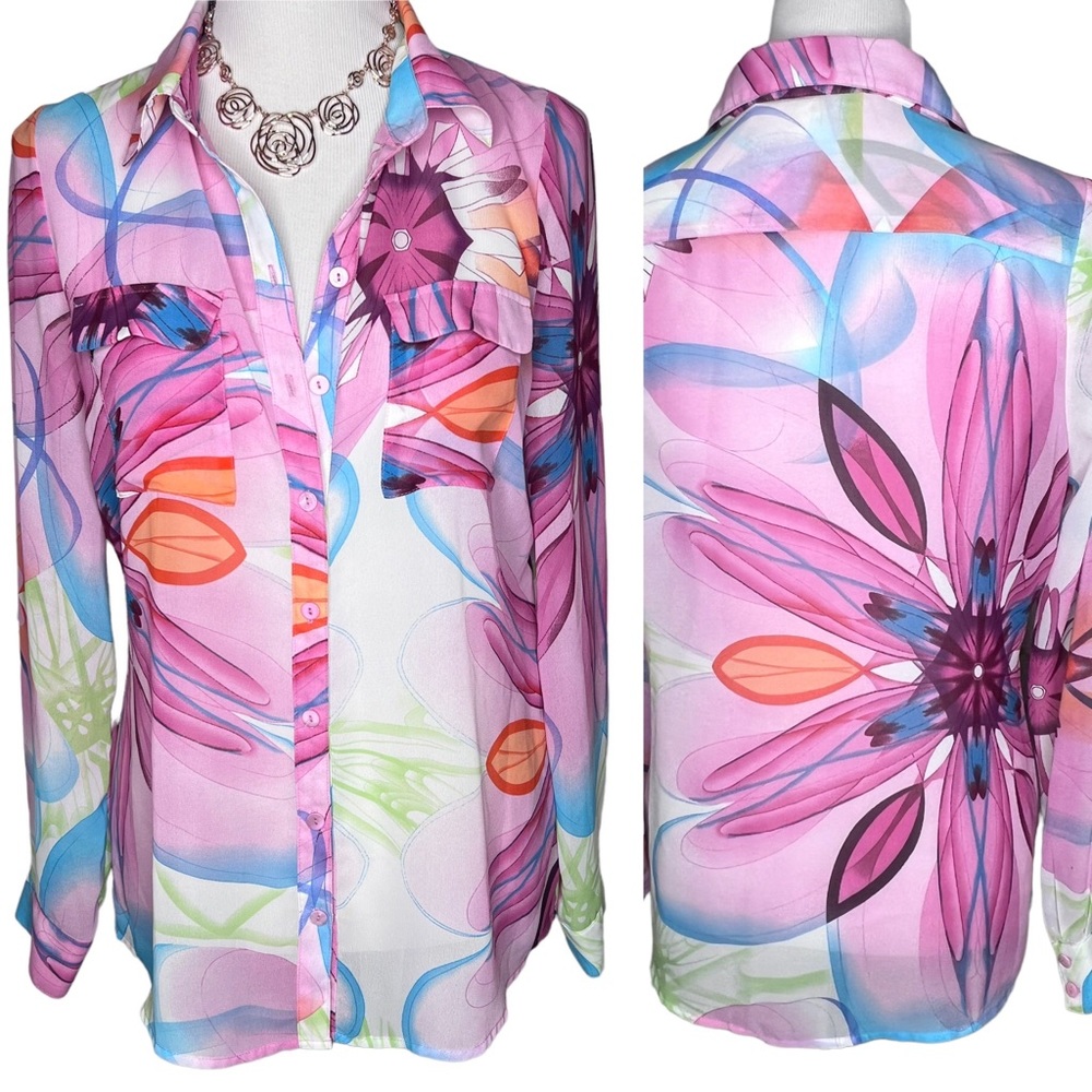 BCBGMaxazria Pink Geometric Floral Print Sheer Long Sleeve Button Down Blouse M